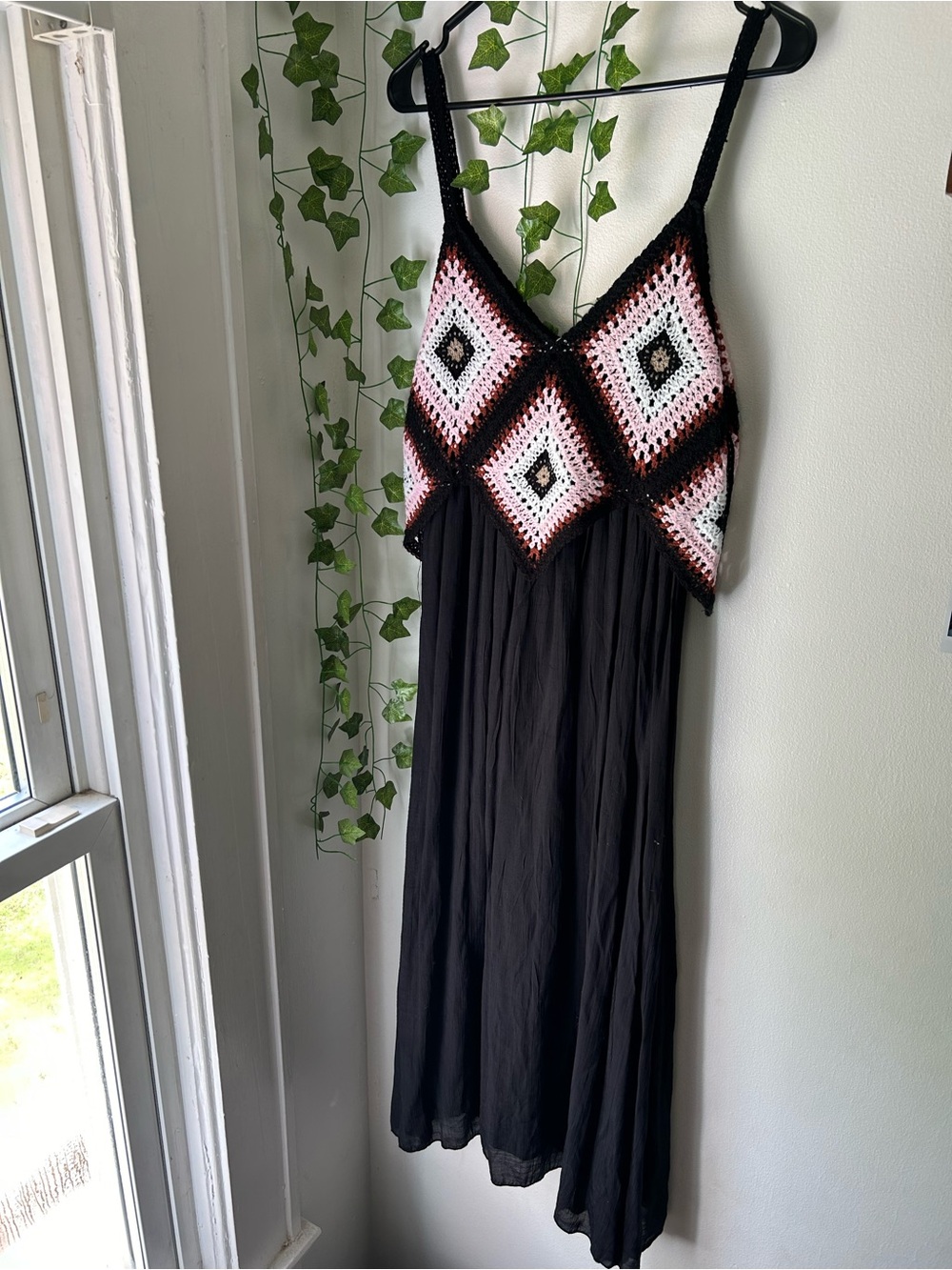 Rebellion Black Maxi Dress with Pink & White Crochet Bodice